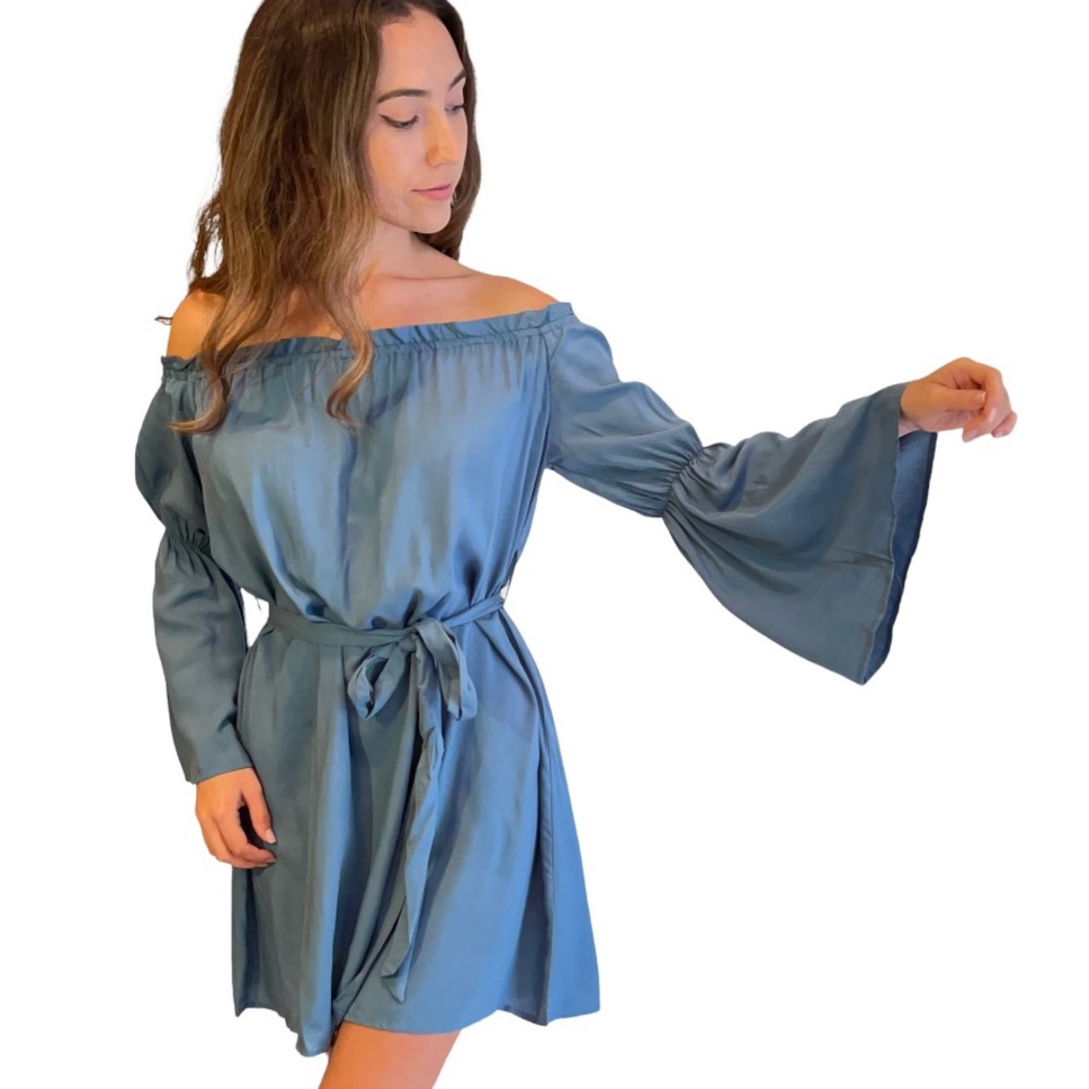 Dusty Blue Bell Sleeve Off the Shoulder